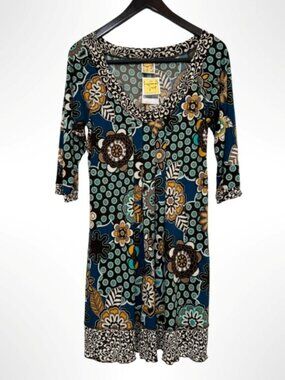 HAND JIVE Boho Geometric Print Slinky Knit Mini Dress Brown Blue Size L NWT